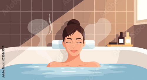 A serene flat design illustration depicting a woman enjoying a relaxing soak in a modern bathtub. This vector artwork conveys a sense of calm, self-care, and luxurious personal hygiene in a minimalis
