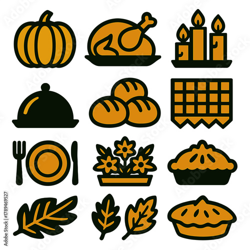 Bold Thanksgiving Icons. Autumn Thanksgiving Table silhouette icon set: golden pumpkin, roasted turkey, apple cider, candle trio, serving tray, bread rolls, tablecloth, centerpiece