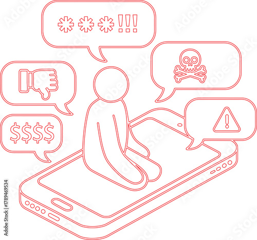Outline of Person on Phone Surrounded by Symbols Danger, Anger, and Money Concerns