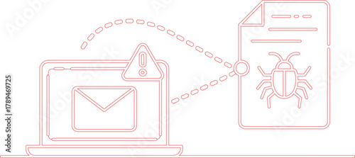 Outlined Laptop with Email, Alert Symbol, Linking to Document with Malware Virus Bug