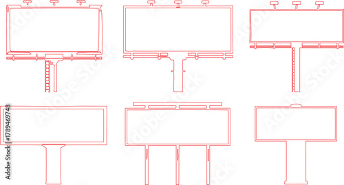 Outlined Billboard Mockups Six Red Line Drawings of Roadside Advertising Signs with Various Structural Designs