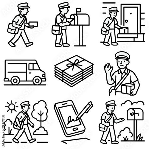 Postal Worker Icons. Daily Delivery linear icon set: postal worker with mailbag, sorting letters, house mailbox, front porch delivery, parked mail truck, bundled envelopes,