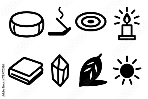 Inner Peace Icons. Inner Peace Setting silhouette icon set: cushion circle, incense holder, water ripple, candle glow, folded cloth, crystal stone, leaf shadow, serene light.