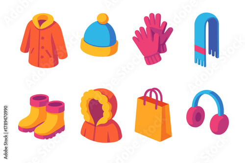 Winter Fashion Icons. Winter Fashion modern flat icons set: coat, beanie, gloves, scarf, winter boots, parka hood, shopping bag, earmuffs.