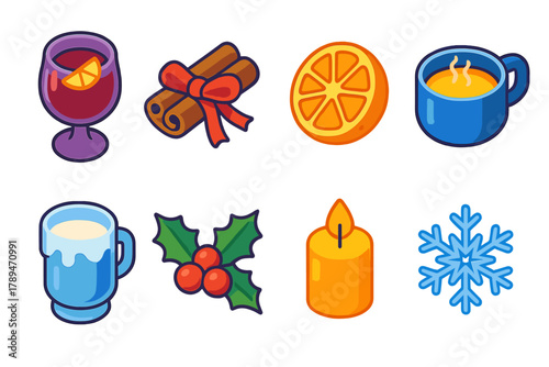 Yuletide Mulled Wine Icons. Yuletide Mulled Wine modern flat icons set: festive goblet, ribboned cinnamon, dried fruit slice, simmering pot, frosted glass, holly garnish,