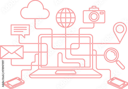 Red Outline Icons Connected to a Laptop Cloud, Camera, Globe, Map Pin, and More