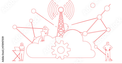 Red Outline Illustration Network, People, Cloud Computing, Communication Tower, Gear, Connectivity, Innovation, and Technology Concept