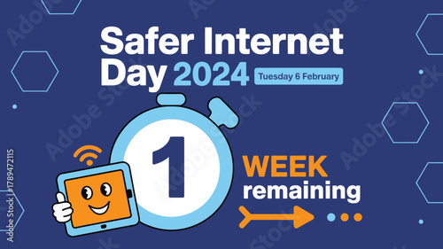 Safer Internet Day 2024 One Week Remaining, Tablet Character with Thumbs Up on Dark Blue Background