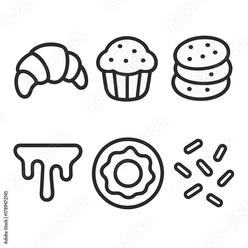 Bakery Icons Collection. Baked Delights linear icon set: croissant, muffin, cookie stack, glazed donut, chocolate drizzle, candy sprinkle.
