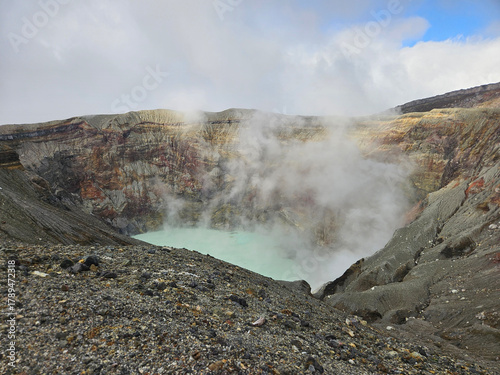 Unique landscape of the crater of Nakadake in Mount Aso Japan with rock and mountain background