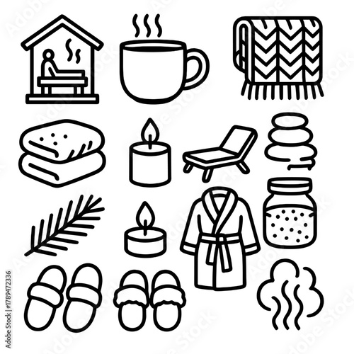 Cozy Resort Icons. Cozy Resort Amenities linear icon set: sauna, hot cocoa mug, knit blanket, massage stone, fluffy towel, candle, lounge chair, bath salts, pine branch, cozy