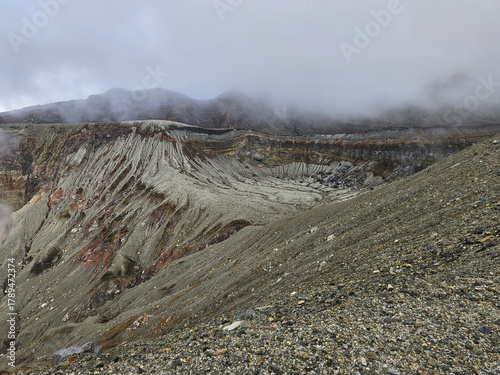 Unique landscape of the crater of Nakadake in Mount Aso Japan with rock and mountain background