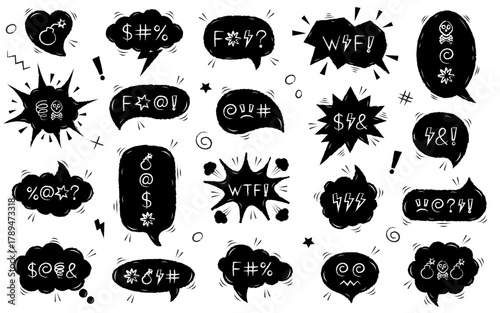 Comic speech bubbles with swear words. Crayon speech bubbles with the curses, insults, vulgar rage, swear word symbol.