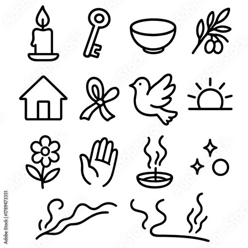 Serene Home Symbols. Peaceful Home Rituals linear icon set: candlelight, key, bowl, olive branch, home outline, dove, ribbon, sunlight, flower, blessing hand, incense smoke, warm