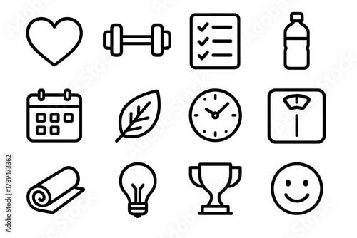 Wellness Icons Collection. Wellness Goals linear icon set: heart icon, dumbbell, checklist, water bottle, calendar, leaf, clock, scale, yoga mat, light bulb, trophy, smile icon.