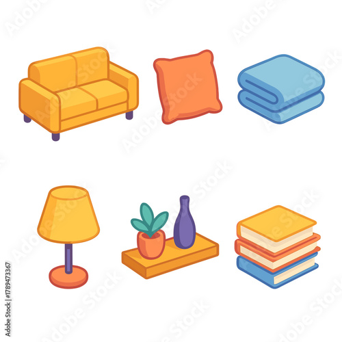 Modern Seating Icons. Relaxed Home Seating modern flat icons set: couch, cushion, blanket fold, soft light, shelf decor, book stack.
