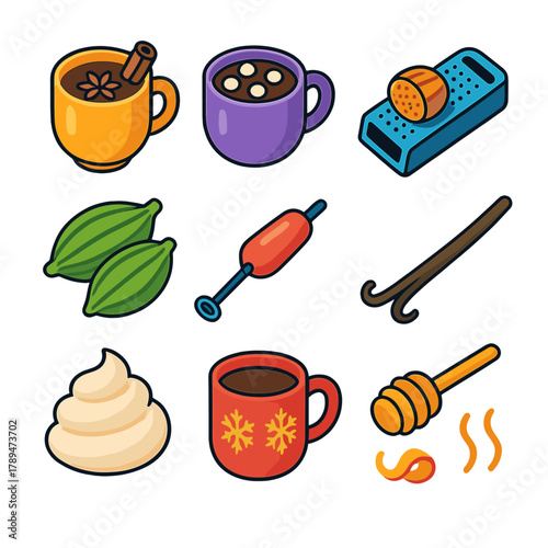 Holiday Beverage Icons. Holiday Spiced Drinks modern flat icons set: chai tea, cocoa mug, cinnamon roll, nutmeg grater, cardamom pod, milk frother, vanilla bean, honey dipper,