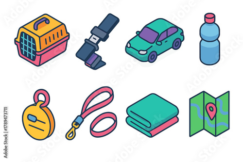 Travel Essentials Icons. Travel Safety modern flat icons set: pet carrier, seatbelt, car, water bottle, ID tag, leash, blanket, map.