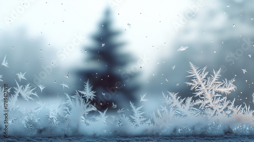 background of a frozen window with frost patterns and a blurred winter landscape
