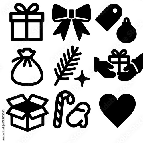 Brutalist Holiday Icons. Holiday Gift Exchange silhouette icon set: wrapped present, ribbon bow, gift tag, ornament ball, festive bag, pine branch, mitten handoff, sparkle icon,
