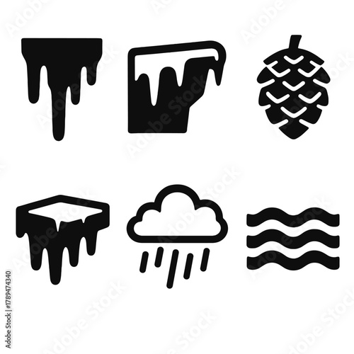 Brutalist Winter Icons. Frosted Falls silhouette icon set: dripping icicle, cliff ledge, pinecone, ice sheet, snow cloud, rippling water.
