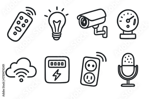 Smart Home Icons. Home Automation outline icons: remote control, smart lighting, surveillance cam, temperature dial, IoT cloud, energy meter, smart outlet, voice mic.