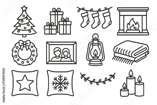 Festive Holiday Icons. Christmas Family Space linear icon set: tree with lights, presents, stockings, fireplace, wreath, photo frame, lantern, wool blanket, festive pillows,