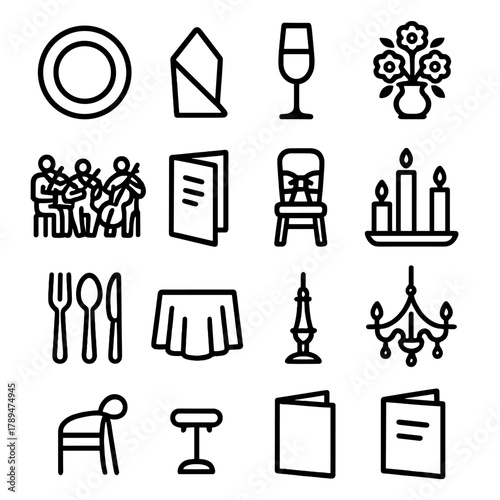 Banquet Icons Outline. Formal Banquet Icons linear icon set: dinner plate, folded napkin, champagne flute, floral arrangement, string quartet, menu card, chair bow, candle trio,