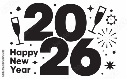 Celebrate the arrival of 2026 with festive champagne flutes and sparkling fireworks for a joyous New Year's Eve party invitation or greeting card