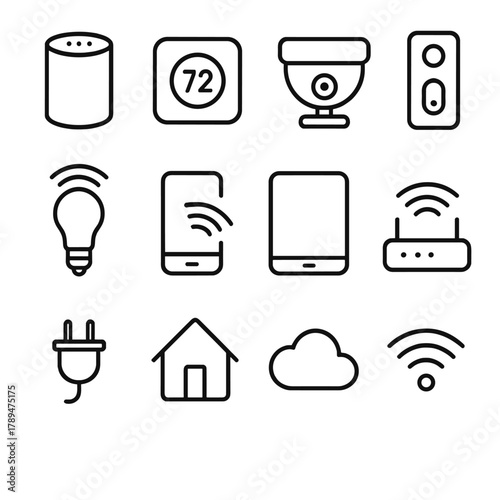 Connected Home Devices. Connected Living linear icon set: smart speaker, thermostat, security camera, doorbell, light bulb, smartphone, tablet, router, power plug, home icon, cloud