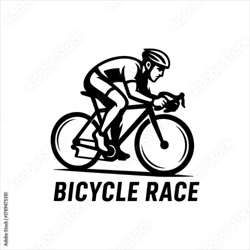 Dynamic black and white vector illustration of a male cyclist intensely racing on a bicycle, embodying speed, endurance, and competitive spirit for sports events and fitness branding