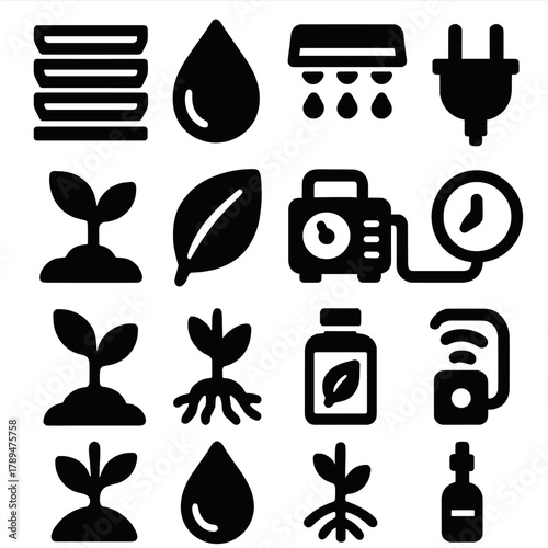 Vertical Farming Icons. Vertical Farming Icons silhouette icon set: stacked trays, water droplet, light panel, plug, seedling, leaf, pump, timer, plant, roots, nutrient bottle,