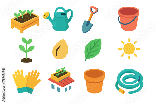 Rooftop Farming Icons. Rooftop Farming Icons modern flat icons set: raised bed, watering can, shovel, bucket, plant, seed, leaf, sun, gloves, rooftop, pot, hose.