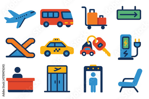 Vibrant Airport Icons. Airport Mobility Hub flat icons: airplane, shuttle bus, luggage cart, terminal sign, escalator, taxi, car rental key, charging station, information desk,