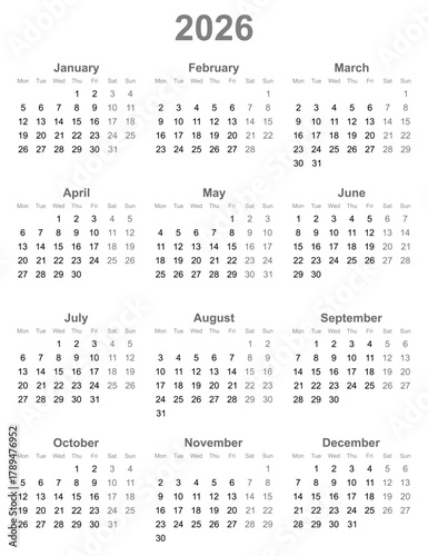 2026 yearly calendar layout. Useful for schedule, planning, office, and business use.