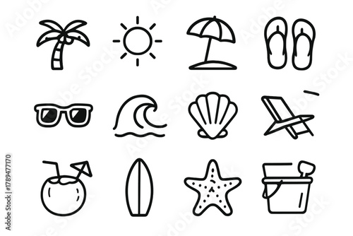 Beach Vibes Icons. Beach Vibes Icons linear icon set: palm tree, sun, umbrella, flip flops, sunglasses, wave, shell, beach chair, coconut drink, surfboard, starfish, sand bucket.
