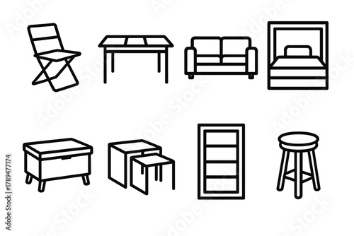 Compact Furniture Icons. Compact Furniture Designs linear icon set: folding chair, extendable table, modular sofa, wall bed, storage bench, nesting tables, bookshelf, stool.