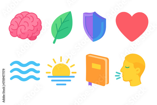 Resilience Icon Set. Emotional Resilience modern flat icons set: brain, leaf, shield, heart icon, waves, sunrise, journal, breathing symbol.