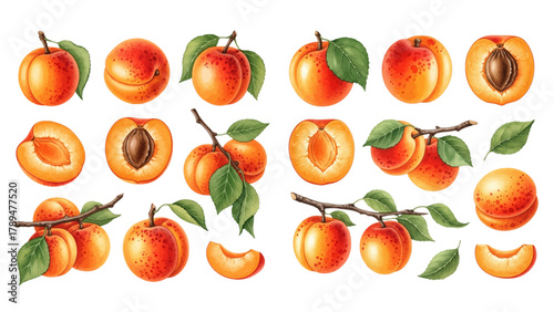 A vibrant collection of ripe apricots with green leaves, illustrated whole, halved with pits, sliced, and hanging on branches.