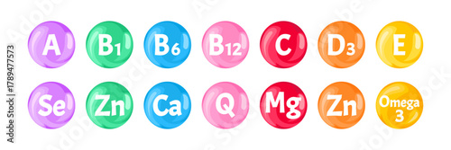 Multi vitamins and minerals. Set of colorful icons balls. Vector cartoon flat illustration of supplements.