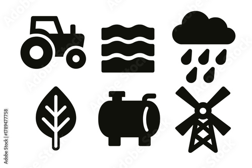 Brutalist Farming Icons. Sustainable Farming silhouette icon set: tractor, soil, rain cloud, leaf, tank, windmill.