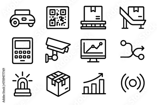 Warehouse Automation Icons. Warehouse Automation linear icon set: AGV robot, QR code label, pallet, sorting chute, control panel, camera sensor, data screen, route path, alarm