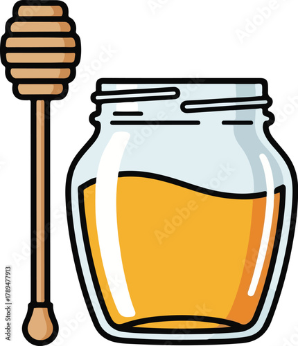 Cartoon vector icon of a glass jar of natural honey with a wooden dipper isolated on white