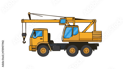 Yellow mobile crane truck isolated on a white background. Flat vector illustration of a construction vehicle for heavy lifting