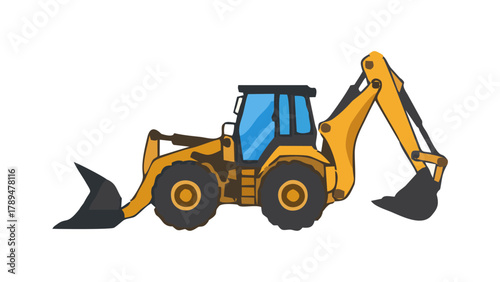 Yellow construction tractor, backhoe loader, heavy machinery for digging and earthmoving. Flat vector graphic element