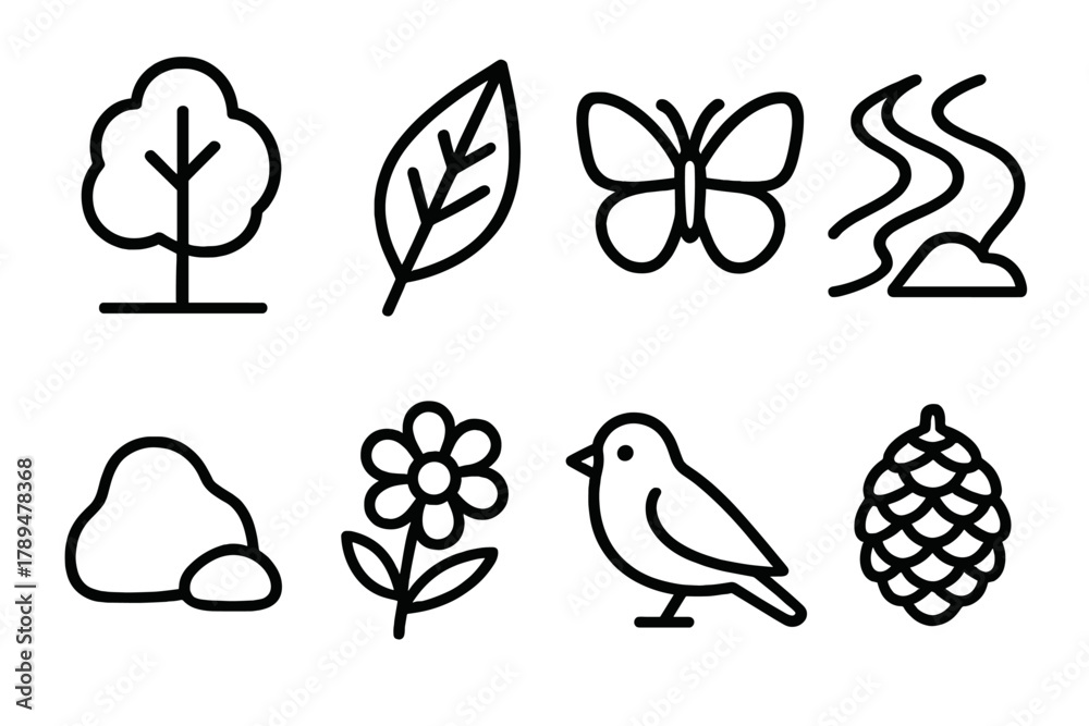 Fototapeta premium Nature Icons Collection. Nature Exploration linear icon set: tree, leaf, butterfly, river, rock, flower, bird, pinecone.
