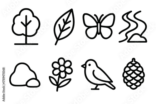 Nature Icons Collection. Nature Exploration linear icon set: tree, leaf, butterfly, river, rock, flower, bird, pinecone.