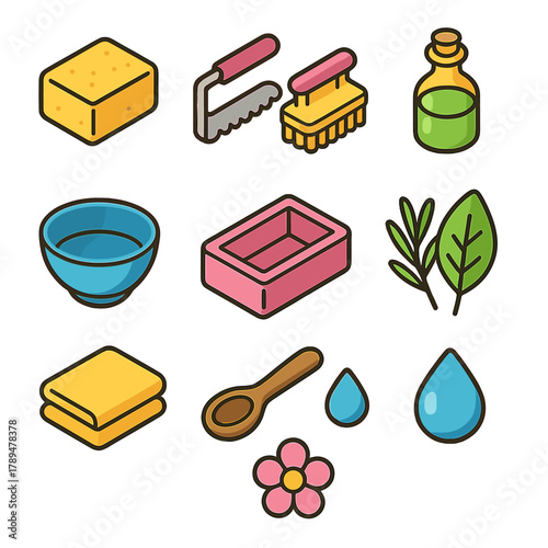 Natural Soap Craft Icons. Natural Soap Craft Icons modern flat icons set: soap block, cutter, brush, oil bottle, bowl, mold, herbs, leaf, towel, spoon, droplet, flower.