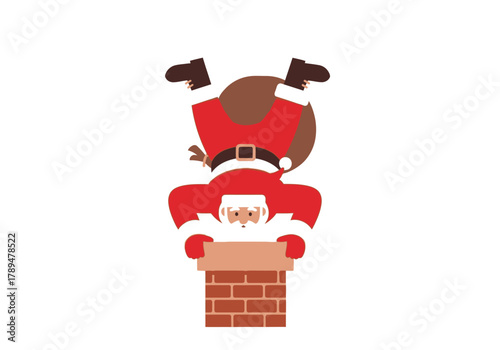 Cartoon Santa Claus Stuck Upside Down in Chimney with Gift Sack.