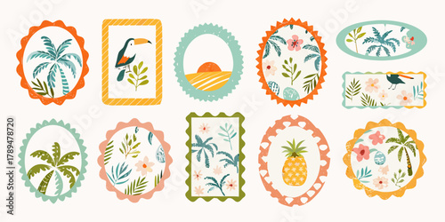 Collection of charming tropical themed decorative frames and illustrations with palm trees toucans and pineapples